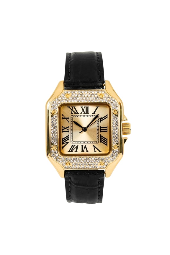 Men's 32mm Iced Out Square Watch – Leather Band, Roman Numerals, Diamond Bezel – Luxury Hip Hop Style for Streetwear & Fashion - Gold Black Finish
