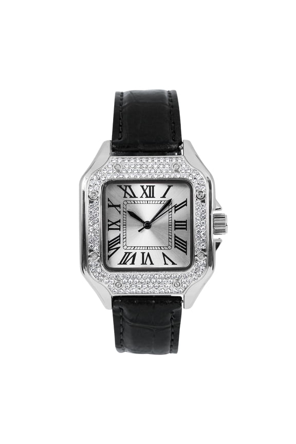 Men's 32mm Iced Out Square Watch – Leather Band, Roman Numerals, Diamond Bezel – Luxury Hip Hop Style for Streetwear & Fashion - Silver Black Finish