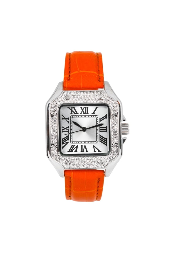 Men's 32mm Iced Out Square Watch – Leather Band, Roman Numerals, Diamond Bezel – Luxury Hip Hop Style for Streetwear & Fashion - Silver Orange Finish