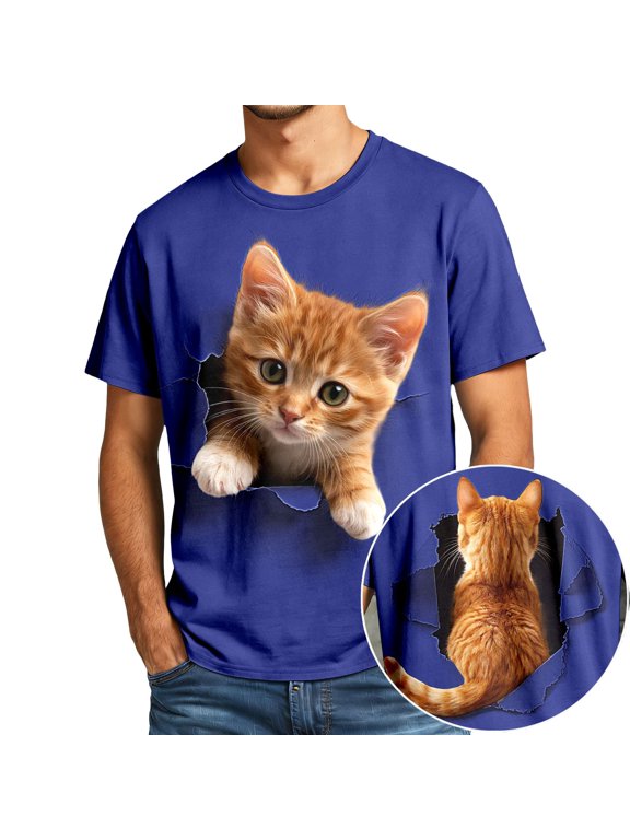Mens 3D Cat Print Shirts Summer Short Sleeve Crew Neck Regular Cotton Graphic Tees Blue S
