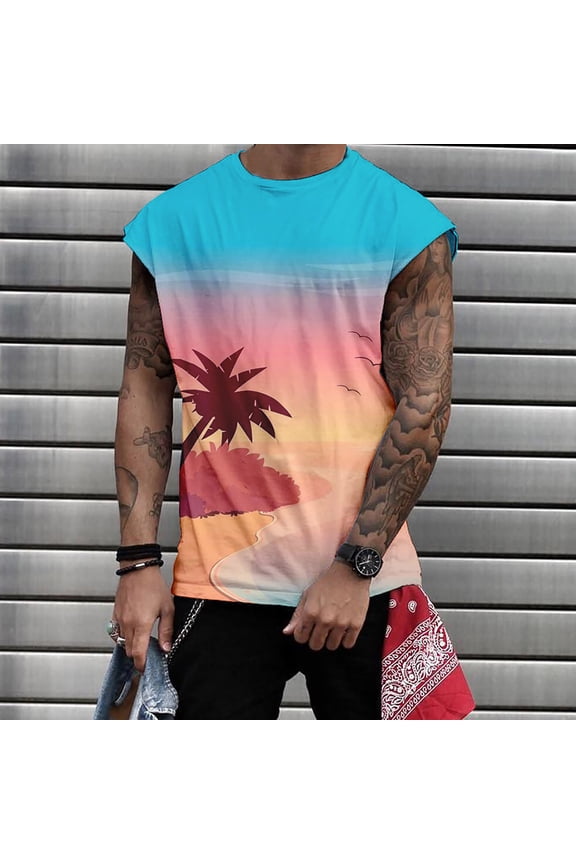 Mens 3D Digital Coconut Tree Print Tank Top Beach Sleeveless Vest Summer Tropical Graphic Muscle Shirt Casual Athletic Outdoor Apparel L