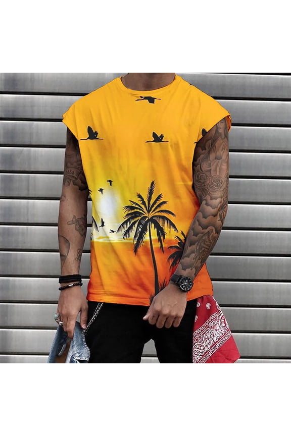 Mens 3D Digital Coconut Tree Print Tank Top Beach Sleeveless Vest Summer Tropical Graphic Muscle Shirt Casual Athletic Outdoor Apparel L