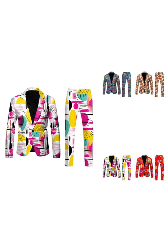Mens 3D Digital Printed Long Sleeve Lapel Button Suit Jacket Trousers Set with Pocket Large Size Light Business Suit Cape