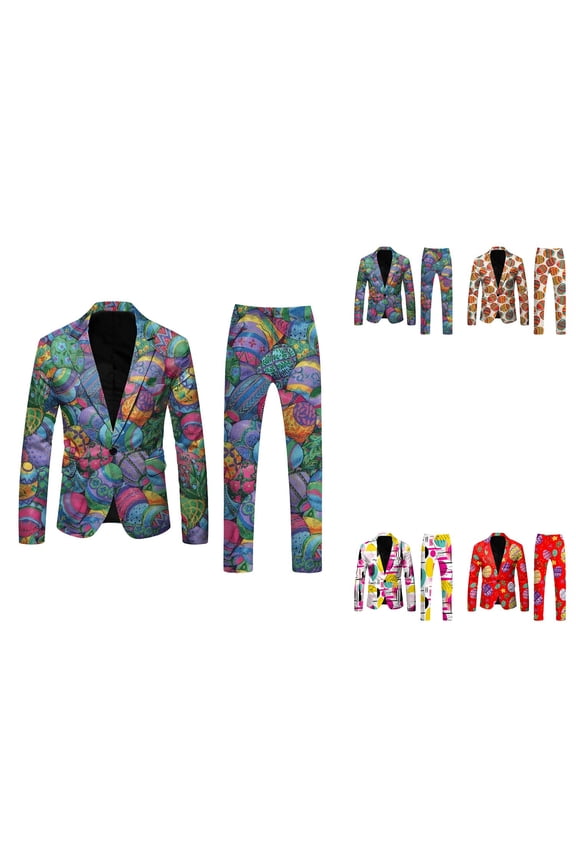 Mens 3D Digital Printed Long Sleeve Lapel Button Suit Jacket Trousers Set with Pocket Large Size Light Business Suit Cape