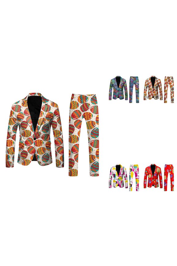 Mens 3D Digital Printed Long Sleeve Lapel Button Suit Jacket Trousers Set with Pocket Large Size Light Business Suit Cape