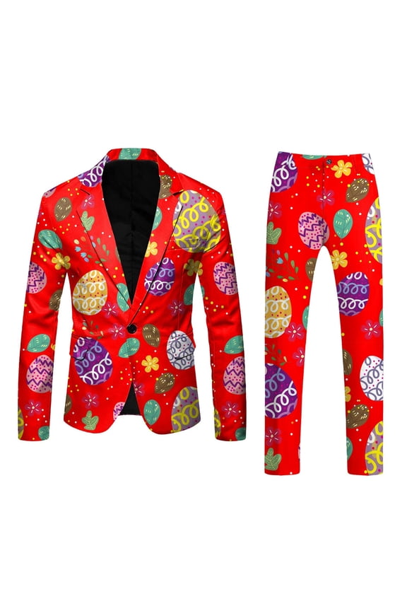 Mens 3D Digital Printed Suit Set Light Business Suit Jacket Trousers Set