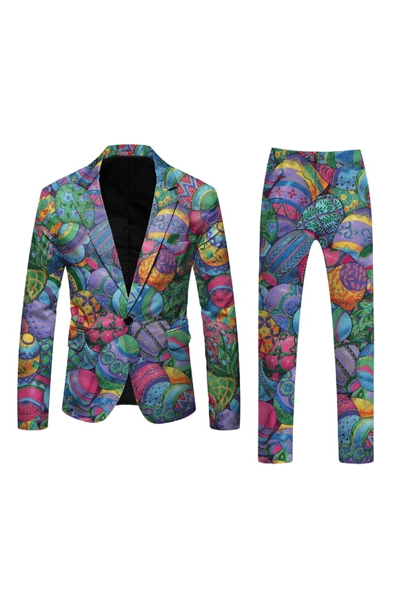 Mens 3D Digital Printed Suit Set Light Business Suit Jacket Trousers Set