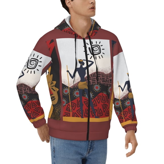 Mens 3D Print Full Zip Hoodie Jackets Hooded Sweatshirt, African Tribe Aborigine Tribal