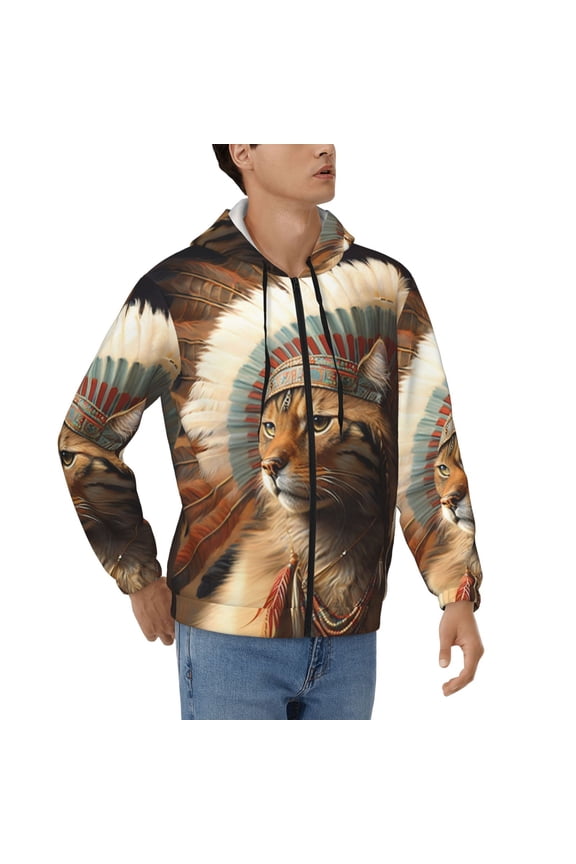 Mens 3D Print Full Zip Hoodie Jackets Hooded Sweatshirt, Chief Cat Native American Indians