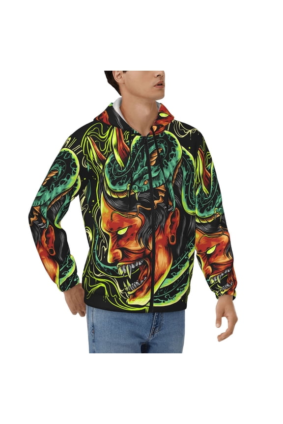 Mens 3D Print Full Zip Hoodie Jackets Hooded Sweatshirt, Devil Snake Demon Japanese