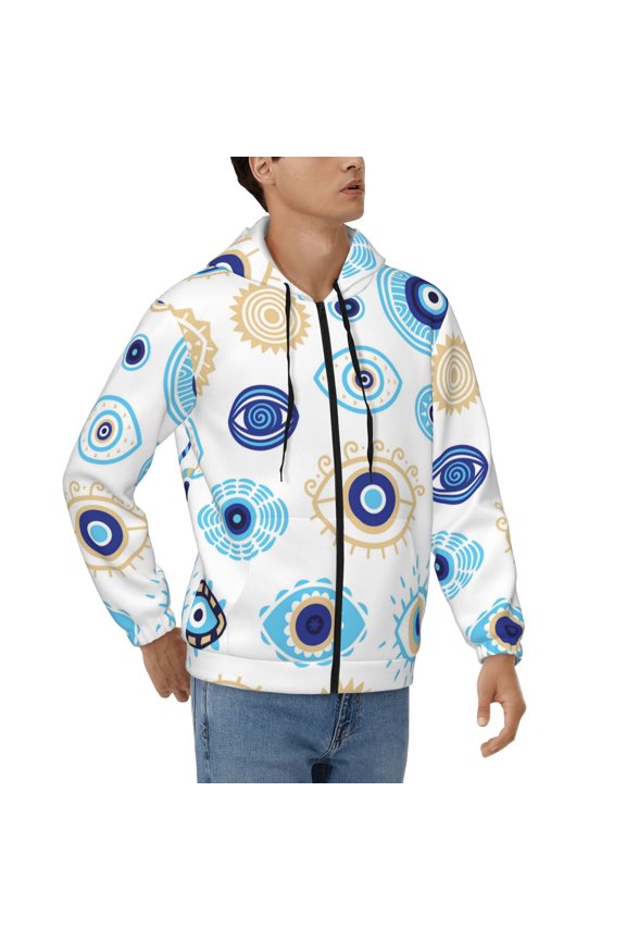 Mens 3D Print Full Zip Hoodie Jackets Hooded Sweatshirt, Evil Eyes Magic Talisman