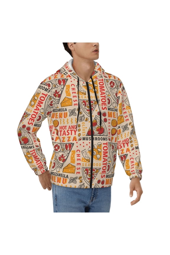 Mens 3D Print Full Zip Hoodie Jackets Hooded Sweatshirt, Italian Pizza Mushrooms Vintage