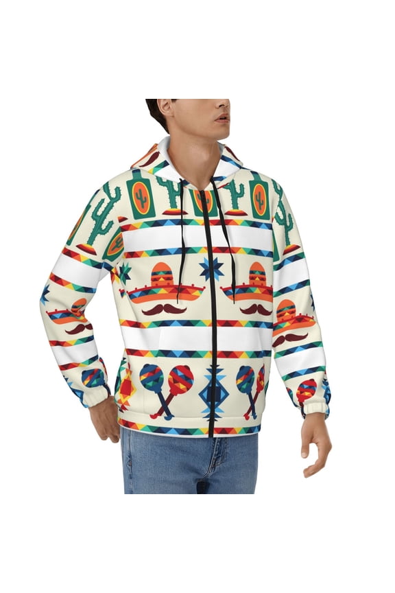 Mens 3D Print Full Zip Hoodie Jackets Hooded Sweatshirt, Mexican Geometric Native Ethnic Retro