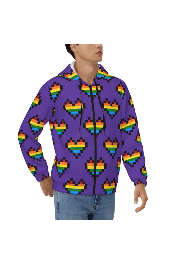 Mens 3D Print Full Zip Hoodie Jackets Hooded Sweatshirt, Rainbow Heart Pixel Art LGBT