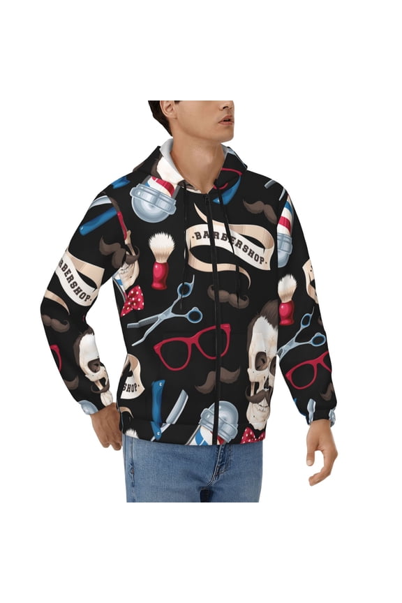 Mens 3D Print Full Zip Hoodie Jackets Hooded Sweatshirt, Skull Barber Shop Color Scissors