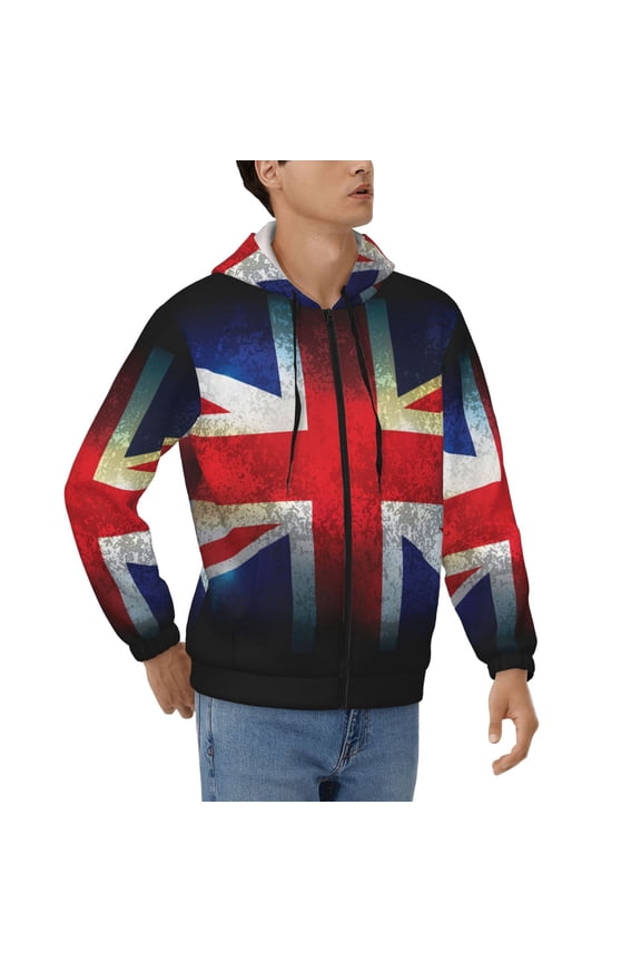 Mens 3D Print Full Zip Hoodie Jackets Hooded Sweatshirt, Union Jack United Kingdom Flag Vintage