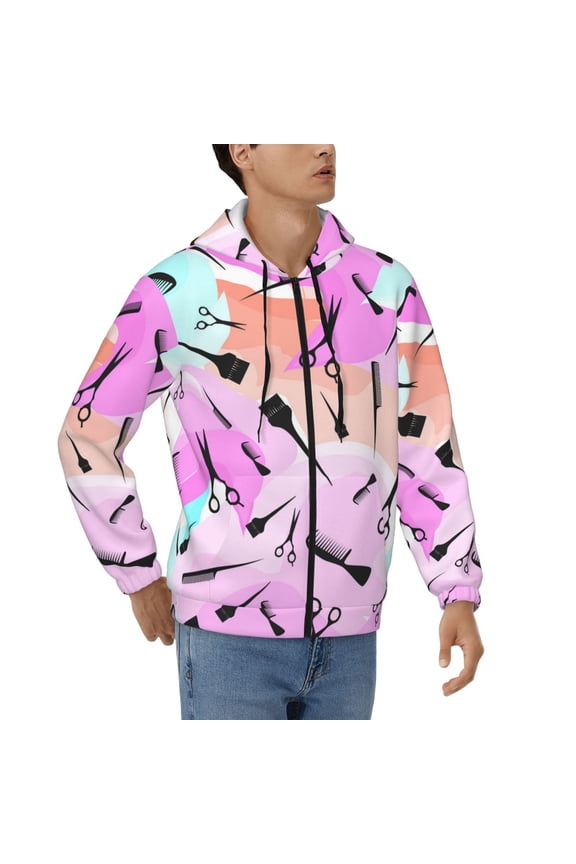 Mens 3D Print Full Zip Hoodie Jackets Hooded Sweatshirt, Watercolor Barbershop Barber Haircut