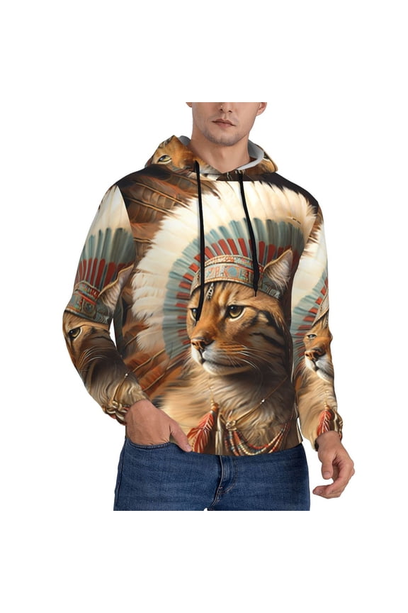 Mens 3D Print Sweatshirts Hooded Top Pullover Hoodie, Chief Cat Native American Indians
