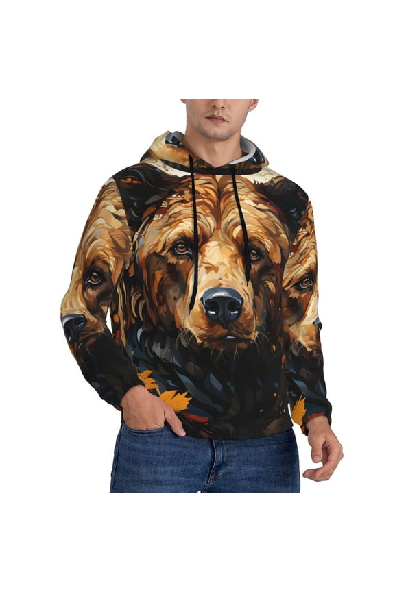 Mens 3D Pullover Hooded Sweatshirt With Pocket, Bear Grizzly Bear Art Vintage