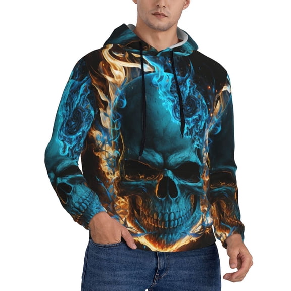 Mens 3D Pullover Hooded Sweatshirt With Pocket, Blue Flame Fire Skull Burning