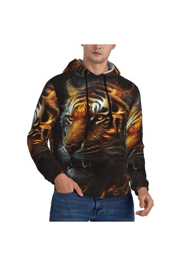 Mens 3D Pullover Hooded Sweatshirt With Pocket, Fire King Tiger Face Art