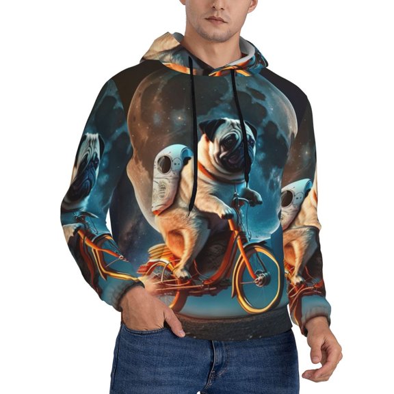 Mens 3D Pullover Hooded Sweatshirt With Pocket, Pug Riding To The Moon Funny