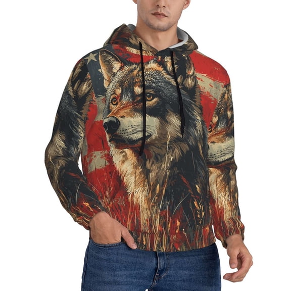 Mens 3D Pullover Hooded Sweatshirt With Pocket, Wolf Hunting Retro USA Flag