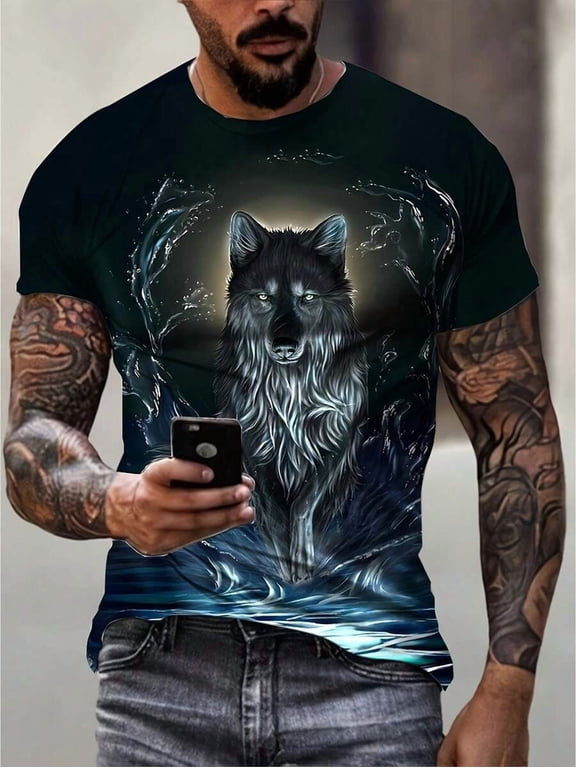 Mens 3D Wolf Print Crew Neck Short Sleeve T Shirt Casual Animal Graphic Tee, Full 3D Print Crew Neck Short Sleeve Tee, Casual Summer Top, All Over Printed Graphic T-Shirt