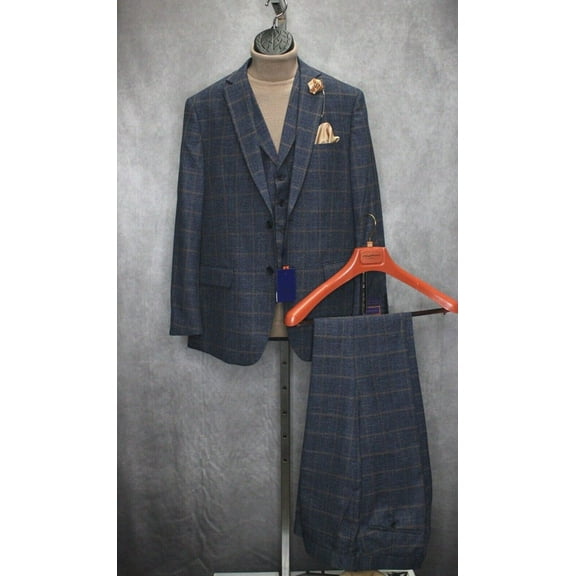 Mens 3pc Blue with Tan Windowpane Formal Suit By Giorgio Fiorelli G79690
