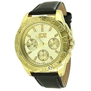 Mens 45mm Gold Plated Perpetual Calender Analog Black Leather Band Casual Watch w/ Buckle Watch + Cloth
