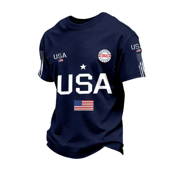 Mens 4th of July Shirts Short Sleeve T-Shirts Casual USA Flag Print Pullover Independence Day Patriotic Tops USA 250th Anniversary Celebration Party Crew Neck Tees Navy 3XL
