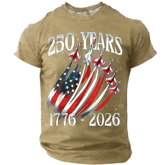 Mens 4th of July Shirts Short Sleeve Tshirts Casual USA Flag Print Pullover USA 250th Anniversary Celebration Party Tops Independence Day Patriotic Crew Neck Tees Khaki 2XL