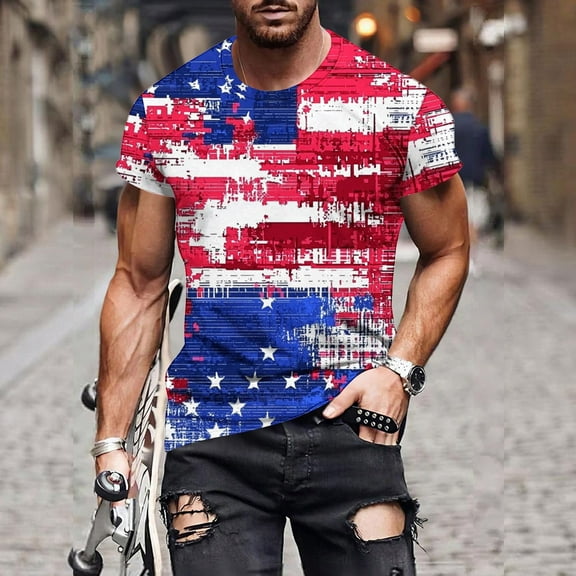 Mens 4th of July T-Shirts Mens American Flag T Shirt Patriotic Tshirt Men Patriotic Shirts for Men Men Casual Round Neck Printing Pullover Fitness Sports Shorts Sleeves T Shirt Blouse