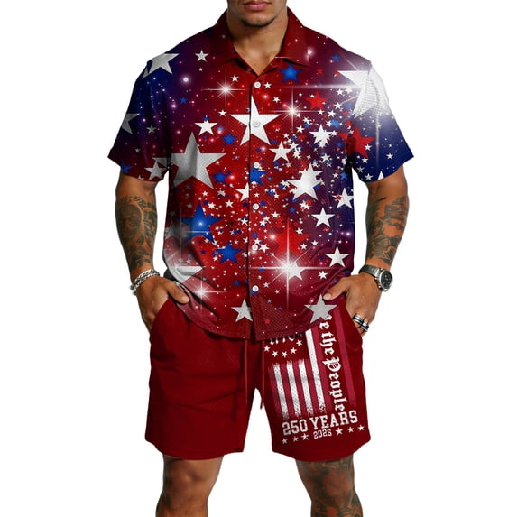 Mens 4th of July 2 Piece Set Summer Tracksuits 2 Piece Outfits Independence Day Textured Short Sleeve Button Down Shirts and Drawstring Short Sets