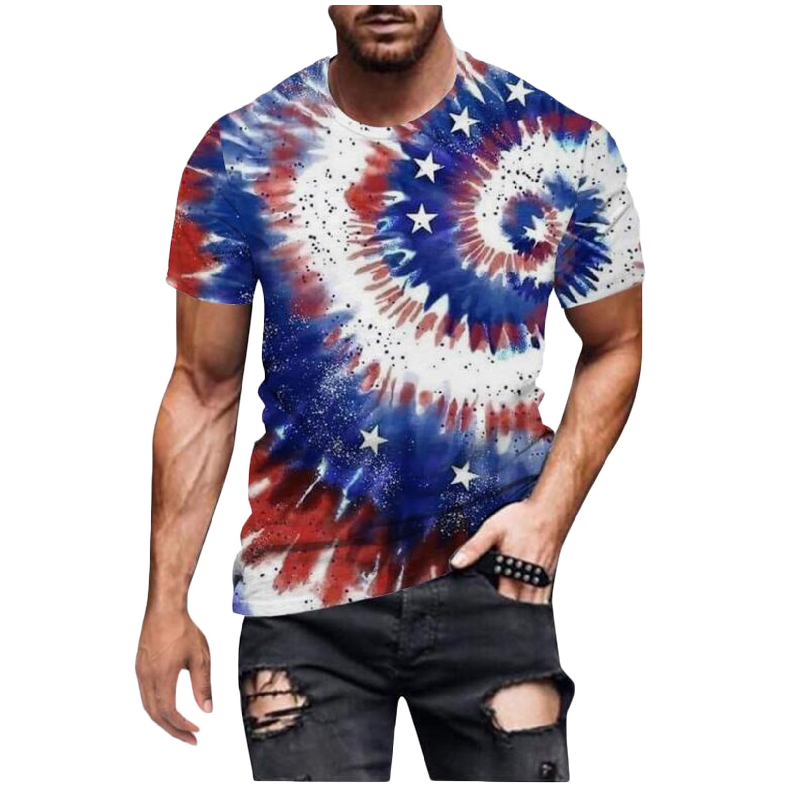 Mens 4th of July 3D Print Short Sleeve T Shirts Slim Fit American Flag  Shirts Summer Casual Crewneck Stretch Workout Tops Cool Biker Clothing 