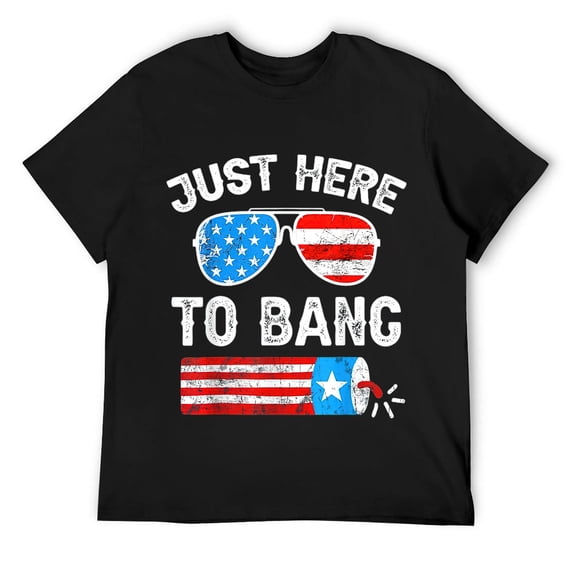 Mens 4th of July fireworks with USA flag and just here to bang T-Shirt Black