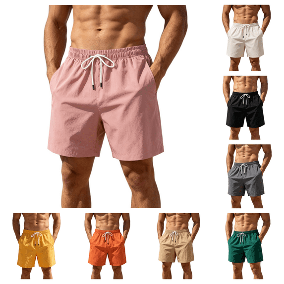 Mens 5 Inch Linen Shorts - Casual Elastic Waist Drawstring Shorts Summer Lightweight Beach Shorts with Pocket Pink L