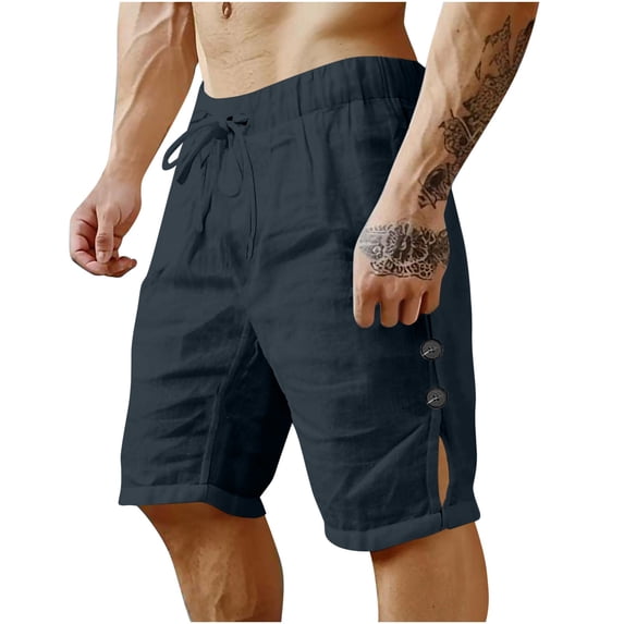 Mens 5 Inch Linen Shorts - Casual Elastic Waist Drawstring Side Slit Summer Beach Shorts with Pockets