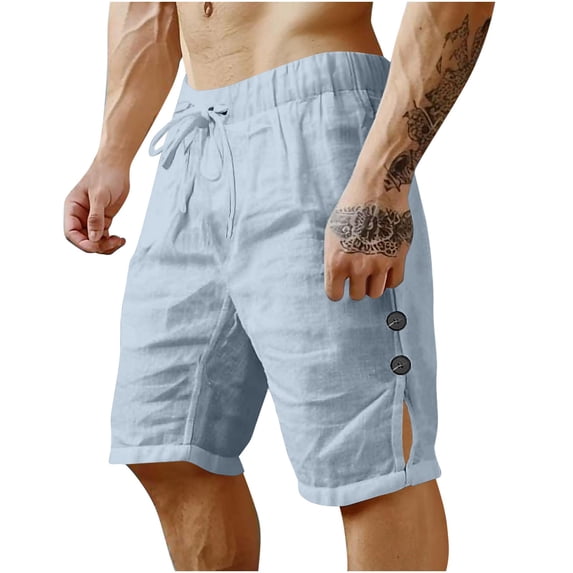 Mens 5 Inch Linen Shorts - Casual Elastic Waist Drawstring Side Slit Summer Beach Shorts with Pockets
