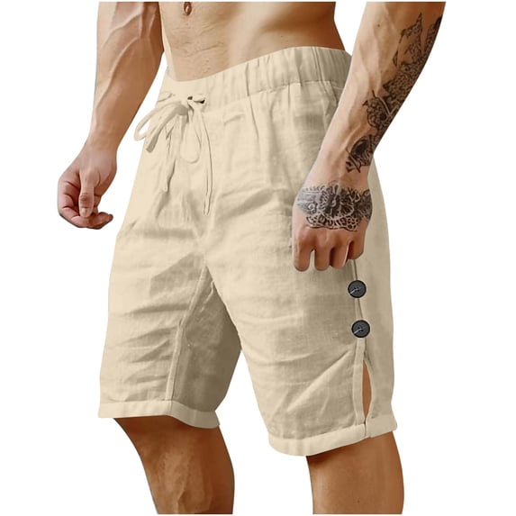 Mens 5 Inch Linen Shorts - Casual Elastic Waist Drawstring Side Slit Summer Beach Shorts with Pockets
