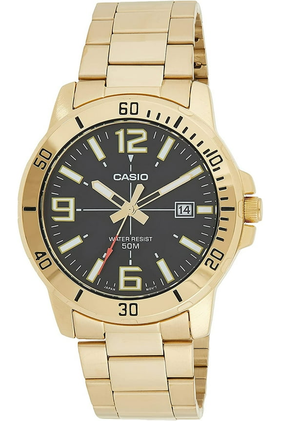 Mens 50-meter Water Resistant Black Dial Stainless Steel Gold Watch MTP-VD01G-1BVUDF