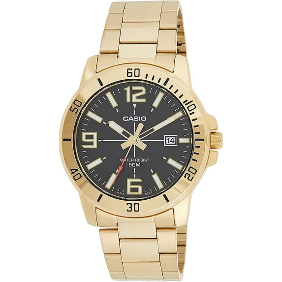 Mens 50-meter Water Resistant Black Dial Stainless Steel Gold Watch MTP-VD01G-1BVUDF