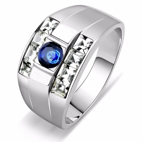 Mens 5x5mm Round Sapphire CZ Center Two Row Princess CZ Side Stainless Steel Wedding Ring Size 8