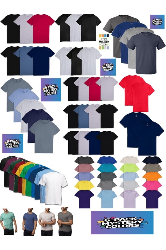 Mens 6-Pack Assorted Crew T Shirts by Fruit of the Loom Comfortable Mystery Pack Colors Materials Vary