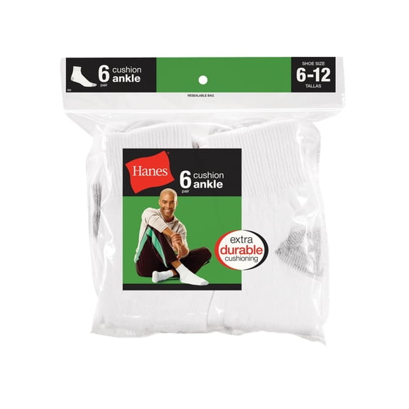Mens 6-Pack Socks Ankle Cushion  Hanes Fits shoe sizes 12-14 Athletic White Black
