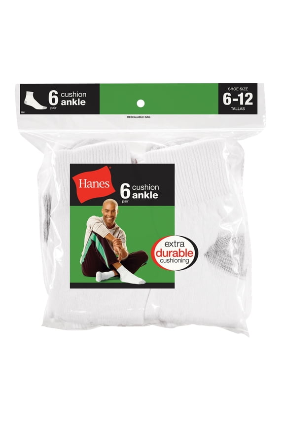 Mens 6-Pack Socks Ankle Cushion Hanes Fits shoe sizes 12-14 Athletic White Black