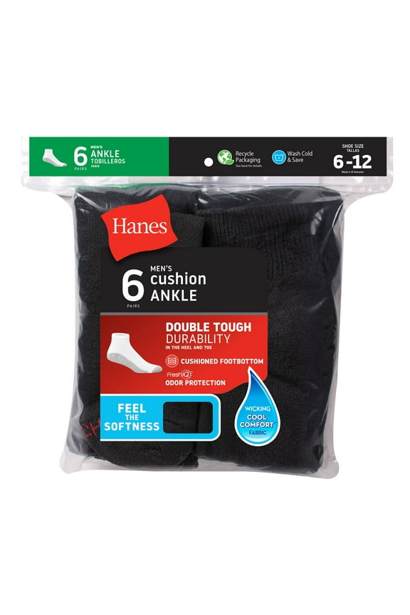 Mens 6-Pack Socks Ankle Cushion  Hanes Fits shoe sizes 6-12 Athletic White Black