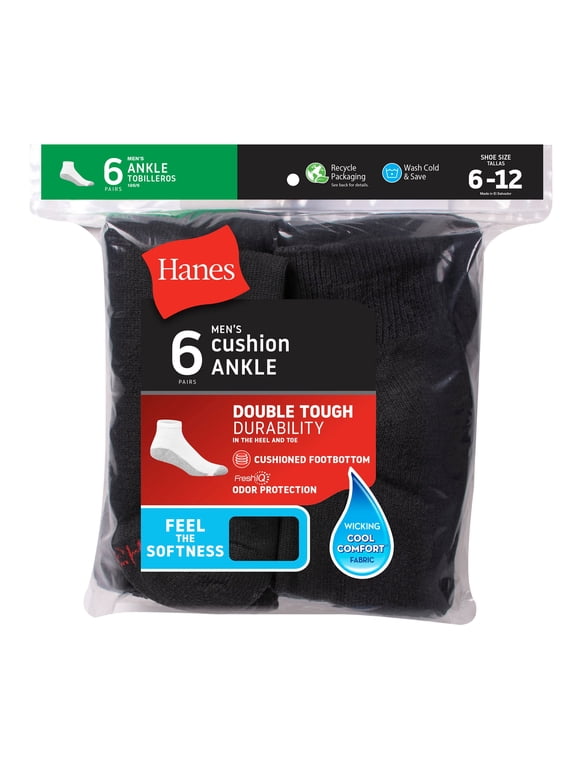 Mens 6-Pack Socks Ankle Cushion Hanes Fits shoe sizes 6-12 Athletic White Black