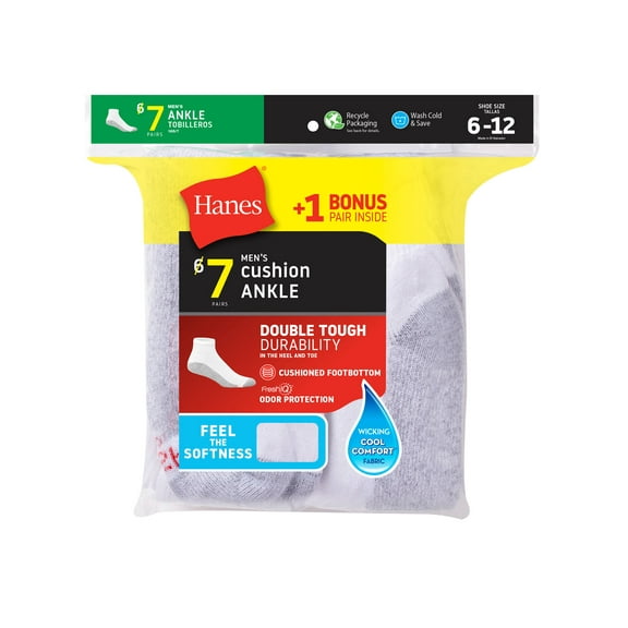 Mens 6-Pack Socks Ankle Cushion  Hanes Fits shoe sizes 12-14 Athletic White Black