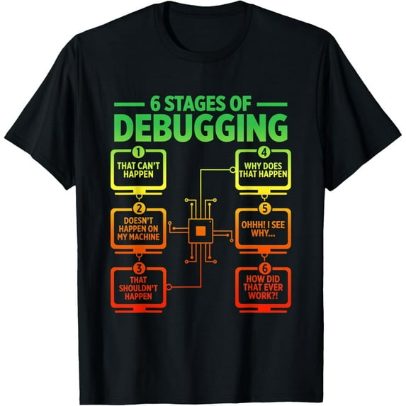 Mens 6 Stages Of Debugging Funny Programmer Computer Software T-ShirtMen's and women's gift, black and white T-shirt, size: Extra large S-4XL